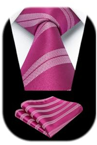 HISDERN Corbatas para Hombres Rosa Caliente Corbata y Bolsillo Cuadrado Set Clásico de Corbata a Rayas para Fiesta Formal de Negocios