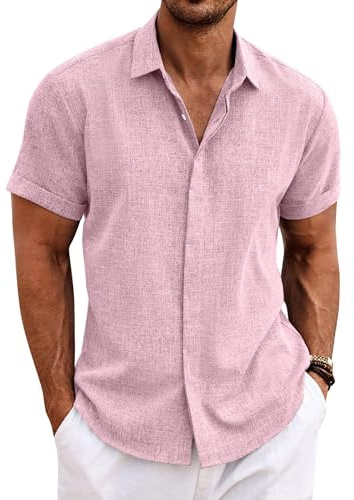 COOFANDY Summer Shirts Men Linen Short Sleeve Casual Beach Holiday Button Down Shirt Pink L