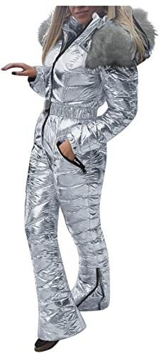 Traje de nieve para mujer, de una pieza, resistente al viento, impermeable, esquí, snowboard, mono brillante con capucha de piel sintética, trajes de esquí con cinturón, chaqueta de snowboard cálida
