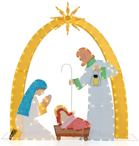 COSTWAY Christmas Nativity Set, Lighted Xmas Holy Family Scene with LED Lights, Zip Ties and Stakes, All-Weather Holiday Nativity Decoration (5.5FT+3.5FT+2.3FT+1.3FT, Multicolor)