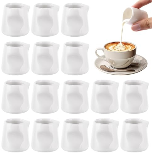 LOPYXBR 16 PCS Small Milk Jug 40ml Mini Milk Jug White Ceramic Milks Creamer Pitcher, Mini Milks Jugs 40ml with Drip Spout for Home Kitchen Office Coffee Bar (40ML/1.35oz)