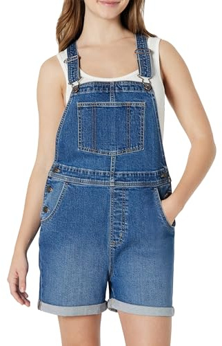 Amazon Essentials Women's Medium Stretch Relaxed-Fit Denim Short Dungarees with Adjustable Straps