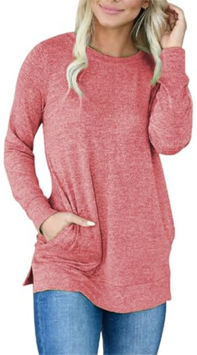 INFITTY Long Sleeve Shirts for Women Spring Tunic Tops Loose Fit Dressy Crew Neck Pullover Basic Tee Shirt Red M