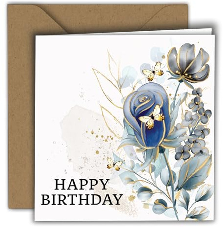 Birthday Card Blue Rose Watercolor – Happy Birthday | Folded Card (15x15 cm) – with Kraft Envelope – Blank Inside