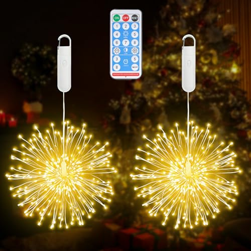 2 luci di luci a forma di fuochi d'artificio, 2 x 120 LED, luci a sfera con illuminazione USB, 8 modalità, impermeabile, filo di rame, con telecomando timer per interni ed esterni, giardino