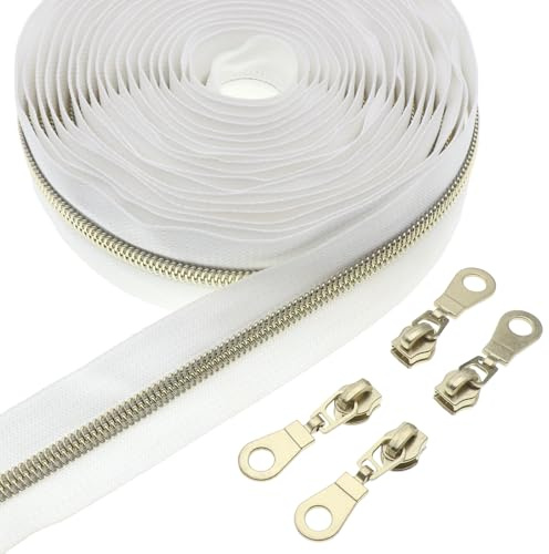 Leekayer #5 Fermeture éclair en Nylon Blanc Or en Nylon métallique Bobine Dents Fermeture éclair en Vrac 4.5 mètres Bande avec 10pcs coulissants en Or pour Sac Artisanal Couture Bricolage (Blanc)