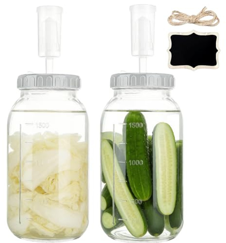 Fermenteringsglas 2 stycken 2 l fermenteringsglas med luftsluss, Kimchi-behållare jäst glas med skruvlock, kefir glas masonburkar för surkål, kimchi, kombucha och pickles, glas med jäslock