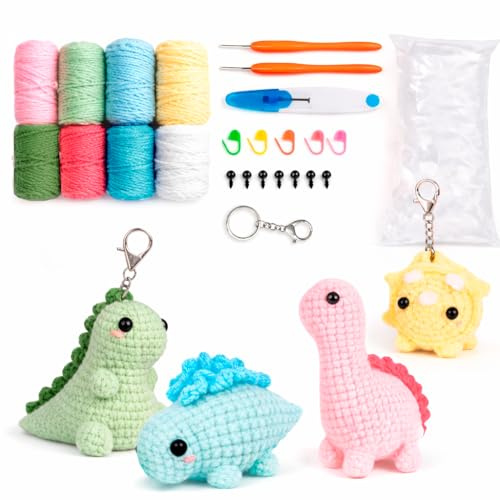 Artnova Kit Crochet Amigurumi Dinosaurios para Principiantes – Set Completo con Hilos, Agujas, Relleno, Ojos y 4 Llaveros – Incluye Video Tutorial Paso a Paso – Manualidades DIY Regalo Creativo