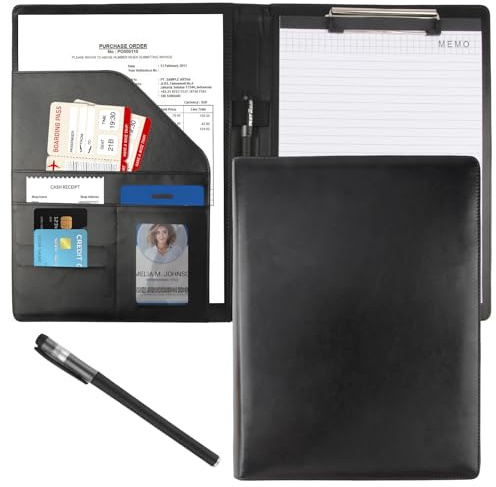 LEIMEND Porta Documenti A4 Pelle Portablocchi Cartella Porta Documenti Organizer Materiale PU per Intervista Viaggi Riunioni Congressi Porta Penna e Foglietti Adesivi（Nero)