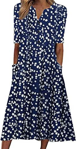 Summer Dresses for Women 2026 Boho Causal V-Neck Button Fashion Short Sleeve Midi Vacation Italian Bohemian Floral Dress Pockets Ladies Maxi Printing Dress Party Elegant Beach Dresses Clothing
