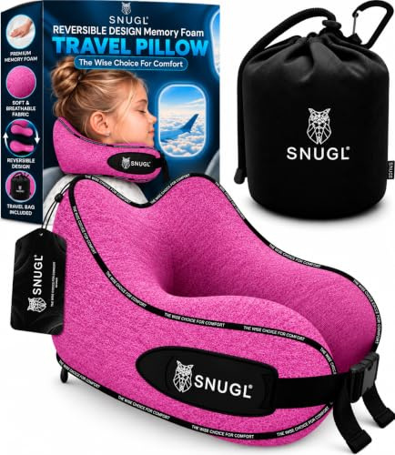 SNUGL Travel Pillow – Memory Foam Neck Pillow for Travel – Support Cushion for Airplane with Carry Bag & Clip - Holiday Essentials for Kids (Lilac Purple - Kids)