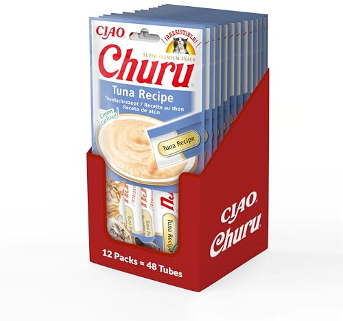 INABA Churu – kattgodis med tonfiskpuré – läckra snacks för katter – slät och krämig konsistens – kattmat – 48 rör x 14 g