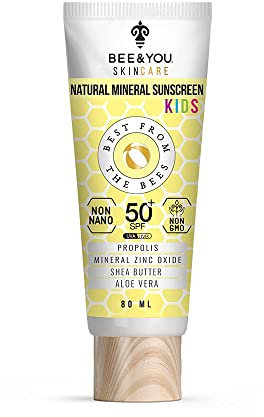 Bee and You Kids Water Resistant 100% Natural Mineral Sunscreen, for Face and Body, Broad Spectrum SPF 50 UVA/UVB Sun Protection with Zinc Oxide & Bee Propolis, hipoalergénico, 80 ml