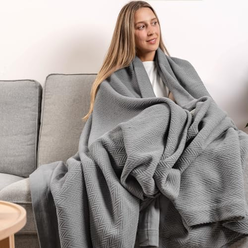 Carressa Linen Pure Cotton, Luxury Queen Size Dark Grey Blanket Herringbone Pattern, Lightweight, Soft & Cozy Premium Fall Bed Throw Blanket for All Seasons, 350GSM & 106X92 with Free Cotton Pouch