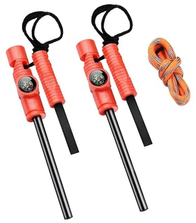AOFAR Fire Starter AF-381 Plus Fire Steel 5-in-1 for Camping, Hiking, Hunting, Backpacking, Boating, Outdoor Magnesium Survival Rod with Fire Paracord, Compass and Whistle, Waterproof (2-Pack)…