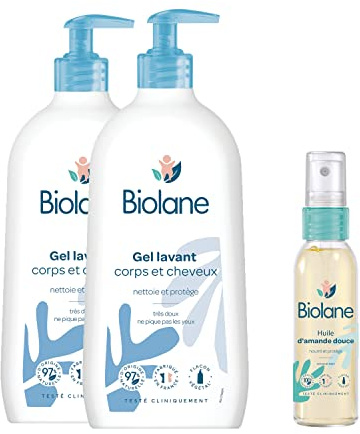 BIOLANE - 2 Gels corps et cheveux 2 en 1 750ml + 1 Huile d'amande douce 75ml - Soins Bébé - Toilette - Peaux Sensibles - Fabriqué en France