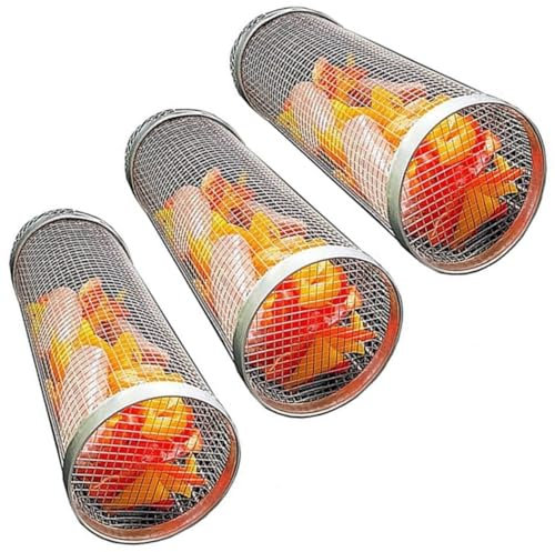 Grillkorb aus Edelstahl, Drahtgeflecht, tragbarer Zylinder-Grillkorb, Outdoor-Camping, Grillgestell, rund, Grillzubehör, Set für Gemüse, Fleisch, Fisch, Pommes (20 cm)