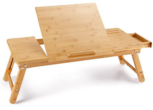 Large Bed Table Nnewvante 71x35cm Laptop Desk Tilting Desktop, Foldable Floor Desk Laptop Stand Breakfast Serving Tray w' 4 Leg Lock, Bamboo