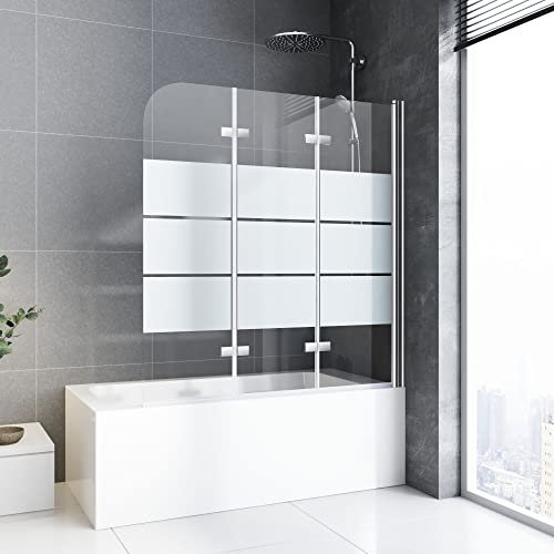 Duschwand für Badewanne Faltbar 130 x 140 cm 3 teilig Faltbar mit 6mm Sicherheitsglas NANO Beschichtung Faltwand,Silber Aluminiumrahmen,Weiß Gestreifte Glasoberfläche, Leicht zu Reinigen