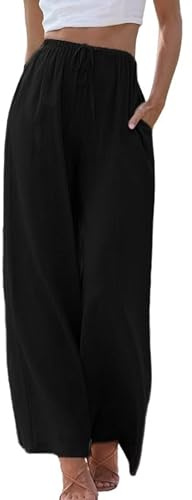 Cegerne Per Donna Pantaloni di Lino Pantaloni Estivi Lunghi Leggeri vestibilità Ampia Casual Pantaloni Larghi in Tessuto Gambe Larghe Pantaloni Palazzo con Tasche, Nero, S