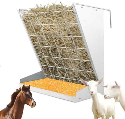 GOPLUS Mangeoire à Foin Murale en Métal Galvanisé, Distributeur de Foin et de Grains 2-en-1 avec Crochets Doubles Réglables, Râtelier à Foin Mural 83L pour Chèvres, Moutons, Chevaux