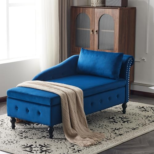AYOROF Velvet Chaise Lounge Sofa with Storage, Upholstered Chaise lounge Couch with Pillow for Living Room, Modern Nailhead-Trim & Button-tufted Lounge Chair, Bedroom and Office (Blue)