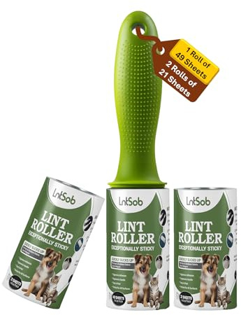LntSob Pack of 3 Lint Rollers-91 Sheets Sticky Lint Roller for Clothes with Replacement Head, Lint Remover Roller Ideal for All Fabrics, 27cm x 11cm x 5cm, Effective on Dust, Dirt, Fluff, Hair, Debris