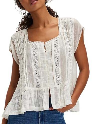 Women Y2k Semi Sheer Blouse Shirt Lace Trim Button Down Short Sleeve Round Neck Casual Going Out Tops Streetwear(White,M)