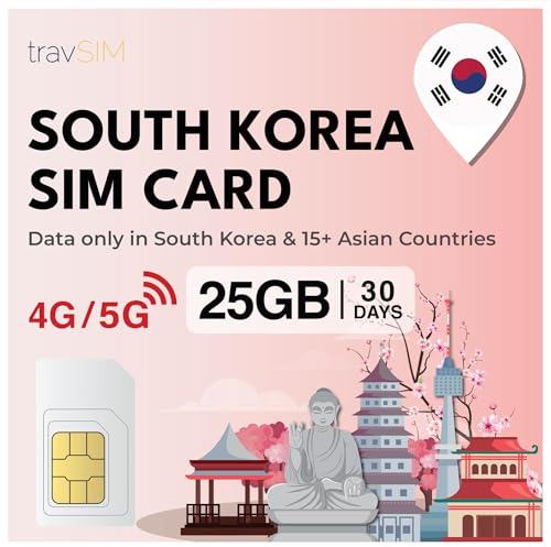 travSIM SIM-kort för Sydkorea | 25 GB mobila data | Använd Voip-appar som Whatsapp och mässing för att skicka meddelanden, ringa samtal | SIM-kortet för Sydkorea är giltigt i 30 dagar.
