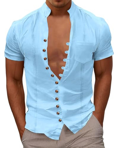 CEWIFO Camicia in Flanella Camicie Lino Uomo Manica Lunga e Magliette Corta T-Shirt Maniche Lunghe Maglietta Attillata a