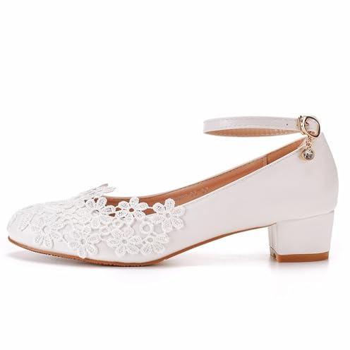 Chaussure Mariage Femme Escarpins Blancs en Dentelle for Femmes, Plateforme, Talons Hauts De 3 Cm, Bride À La Cheville, Chaussures De Bureau, De Soirée, De Danse Et De Mariage(39)