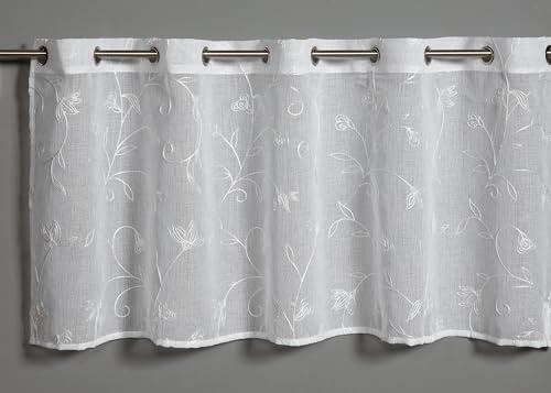 Sehlbach Tenda bistrot con ricamo di viticci floreali, Bianco, 135 x 50 cm, Ricamo di viticci floreali, Traslucida, Certificato Oeko-Tex, Facile da fissare