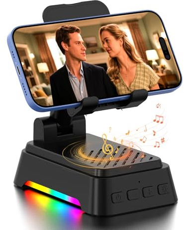 AUYLE Cell Phone Stand with Bluetooth Speaker, RGB Ambient Light, Adjustable & Foldable Phone Holder, 5.4 HiFi Stereo Bluetooth Speaker Compatible with Multiple Devices, Portable, Gifts for Men Women