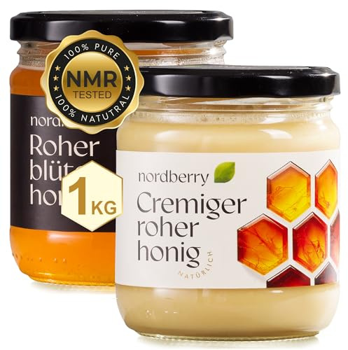 Nordberry 1 kg Mix di Miele Grezzo – Cremoso 500 g & Millefiori 500 g – Puro, Naturale e Non Filtrato dalla Lettonia – Confezione regalo