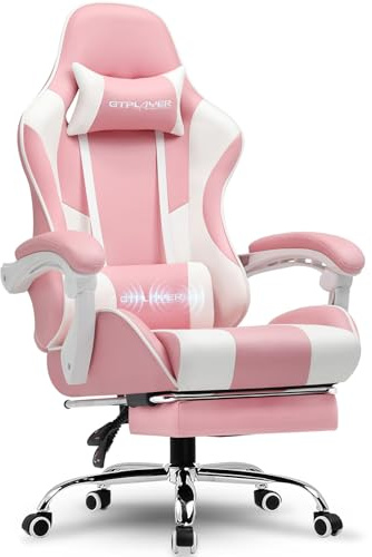 GTPLAYER Gamingstol, kontorsstol, ergonomisk PC-stol, gamingfåtölj med massagestaltad ryggstöd, taskstolar med fotstöd och nackstöd, rosa konstläder
