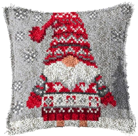 DAGLLGEW Knüpfkissen-Set, Weihnachtszwerge, Schneeflocken, Knüpfsets, DIY-Kissenbezug, bedruckter Kissenbezug für Heimsofa-Dekor, Knüpfkissen-Set, Knüpfset