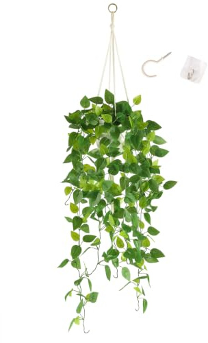 LUWENER Fake Hanging Plant with Pot, 50” Macrame Hanger two sets of Hook | 2 Types of Hooks Included, Trailing Plant for Bathroom, Bedroom, Window, Balcony, Indoor & Covered Outdoor Decor