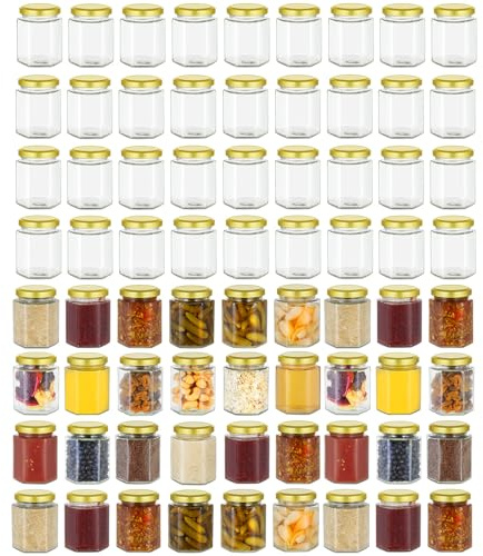 Artist Hand Juego de 72 tarros de cristal de 280 ml con tapa de rosca dorada, tarros hexagonales para mermelada, miel, jalea, chutney, pesto y especias