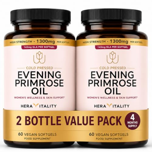 Evening Primrose Oil 1300mg | High Strength Cold Pressed Primrose Capsules | 143mg GLA per Softgel | Twin Pack 60 (120 Vegan Softgels) Omega-6 Women's Wellness & Skin Health | 4 Month Supply