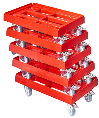 5 Stück Transportroller für Kisten 60 x 40 cm mit 2 Bremsen in rot