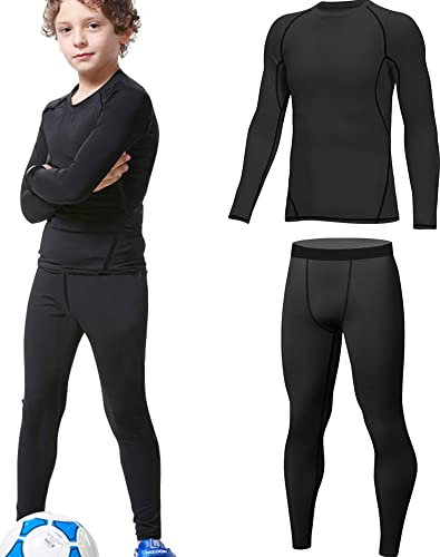 HOPLYNN - Thermounterwäsche Set für Kinder Funktionsunterwäsche Skiunterwäsche Jungen Atmungsaktiv Thermo Unterwäsche Warme Fussball Ski Schwarz M