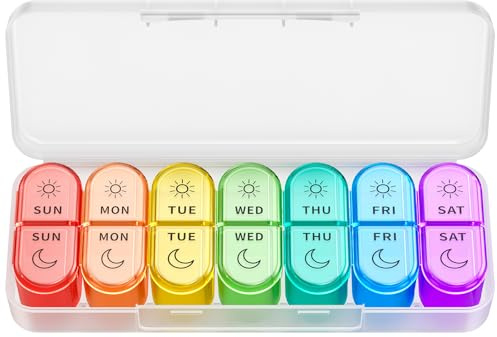 Weekly Pill Organizer 2 Times a Day - AM PM Pill Organizer with 7 Daily Color-Coded Small Cases, Morning and Night Travel Pill Cases for Vitamins, Medicine, & Supplements