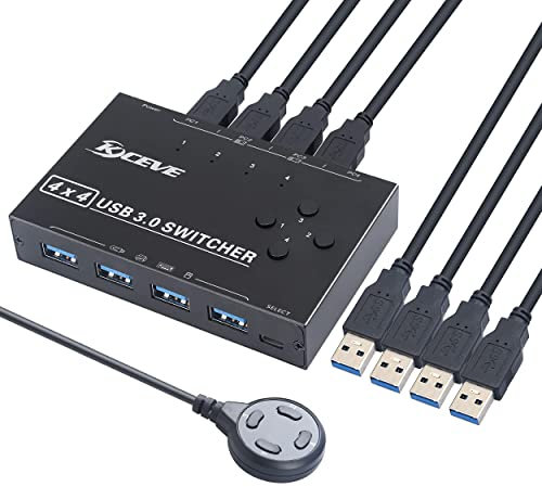 KCEVE USB 3.0 Switch 4 Entradas y 4 Salidas, USB Conmutador para Compartir Un USB Periférico Entre Dos Ordenadores, Teclado, Ratón, Memorias USB, Disco Duro, Impresoras, Escáneres, etc