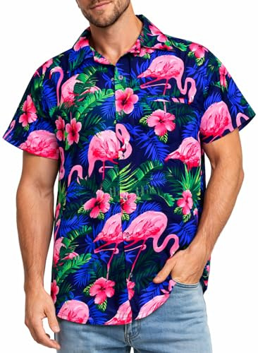 King Kameha Camisa Hawaiana Hombre de Manga Corta con Estampado de de Flamenco Colorido