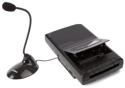 Coby Portable Cassette-Tape Player and One-Touch Recorder Bundle with External Boom Mic, One-Touch Recording, Auto-Stop Feature, and Built-in Handle, Retro Battery-Operated Design, 2 Items Total