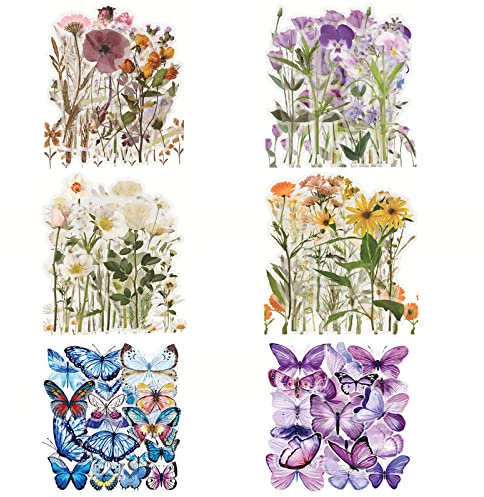 BOZILY 240 Stück Scrapbook Aufkleber Pflanzen Blumen Sticker Transparent PET Scrapbooking Schmetterlinge Sticker für Fotoalbum Sammelalbum Notizbuch Tagebuch Laptops DIY Dekoration…