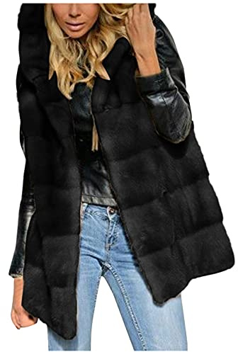 IQYU Giacca in pelliccia sintetica da donna, senza maniche, gilet lungo in pelliccia, senza maniche, per autunno e inverno, elegante, caldo, in finta pelliccia, Nero , M