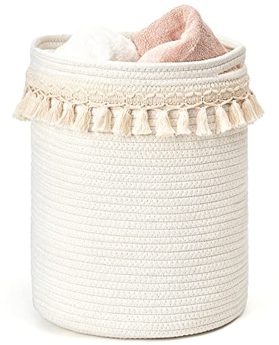 Mkono Macrame Decorative Cotton Rope Basket Boho Nursery Decor Small Cute Woven Tassel Closet Storage Bins Organizer for Baby Toys,Magazines, Potted Plants Cover,Living Room,Bedroom, 15.7x19.6