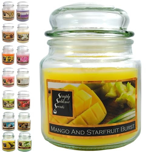 SIMPLY SUBLIME SCENTS - Luxury Scented Candle - Exceptional Fragrance Oil - Medium Glass Jar Up to 76 Hours - Clever Wax Formula For a Long, Clean & Even Burn - Mango and Starfruit Burst - Cotton Wick