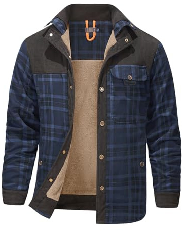 Haellun Men's Long Sleeve Sherpa Lined Shirt Jacket Flannel Plaid Fleece Coats(Blue,XXL)